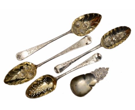 A pair of Georgian silver berry spoons Exeter 1804, a Georgian silver sifting spoon with gilt bowl and engraved and chased de