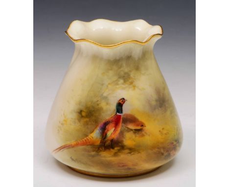 A Royal Worcester small vase pattern 957 painted with a pheasant and a quail, signed James Stinton, 9cm high