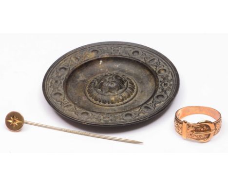 A 9ct gold signet ring 3.4 grams, a Victorian stick pin and a miniature dish with relief borders