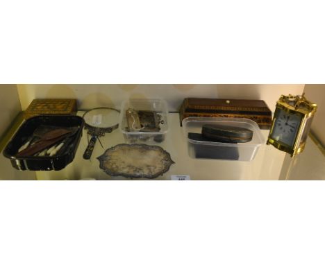 Two Tunbridge boxes miscellaneous pieces and a carriage clock