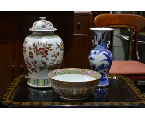 A Chinese baluster vase and cover 17th Century style, 42cm, a Chinese Canton punch bowl 30cm and a Chinese blue and white por