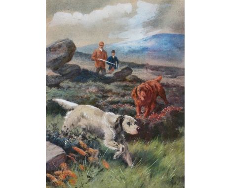 Alfred Duke (19th/20th Century) Hunting dogs in highland, watercolour, signed, 15cm x 10cm