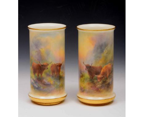A pair of Royal Worcester vases painted with Highland cattle by Harry Stinton, signed, 15cm high