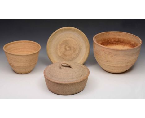 Katherine Pleydell-Bouverie (British, 1895-1985) Two pots and a stand, two impressed potter's seal, and Leach Pottery dish an