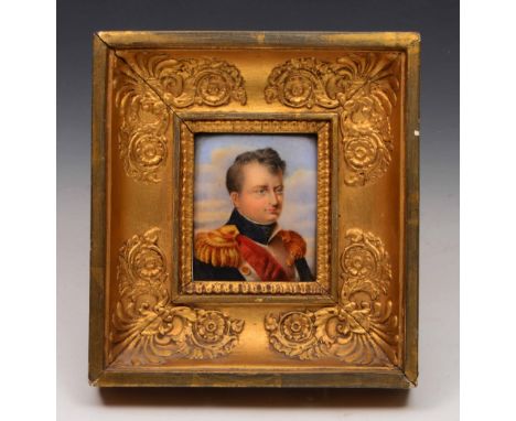 19th Century Continental School A miniature portrait on porcelain of the head of an officer, possibly a young Napoleon, 8cm x