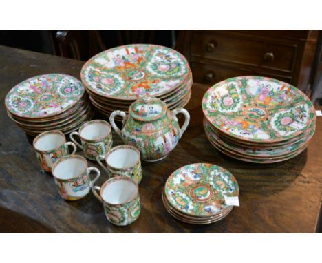 A collection of Chinese Canton export ware to include various plates, a teapot and coffee cups and saucers