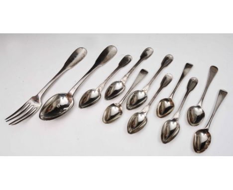 A small collection of miscellaneous silver teaspoons 158 grams, together with a continental white metal fork and spoon