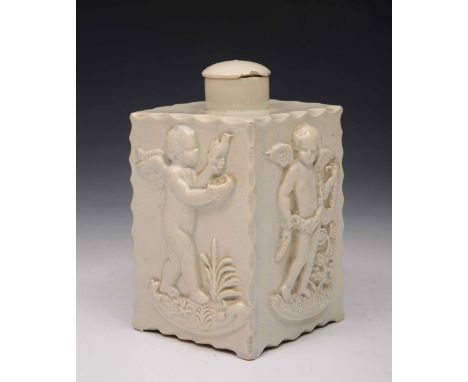 An English creamware square tea caddy and cover possibly Leeds, each side relief moulded with a cherub, circa 1800-1820, 13cm