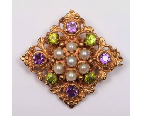 A 9ct gold bar brooch of square cut form with peridot, amethyst and pearl stylised setting