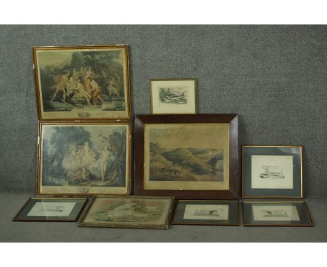 A collection of nine 19th century hand painted engravings of various subjects, including cows and a hunting scene along with 