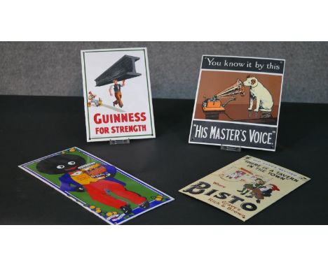 Four vintage style enamel advertising plaques, including Guinness, His Masters Voice and others. H.36 W.17cm 
