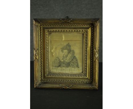 A carved gilt framed 19th century silk embroidery portrait of "Elizabeth I", monogrammed and with label verso. H.28 W.25cm. 