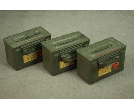 Three British Army ammunition boxes for 9mm pistol ball rounds, with labels. H.20 W.30 D.15cm. 