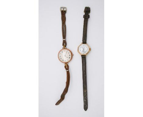 Two vintage rose gold 9ct ladies watches. One by Hirco, with an octagonal frame, white enamel dial and thin brown leather str