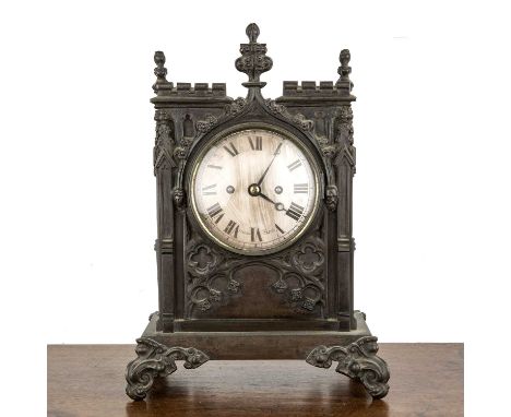 Fisher of Bath mantel clock in cast iron Gothic style case, 19th Century, the silvered dial with Roman numerals and signed, t