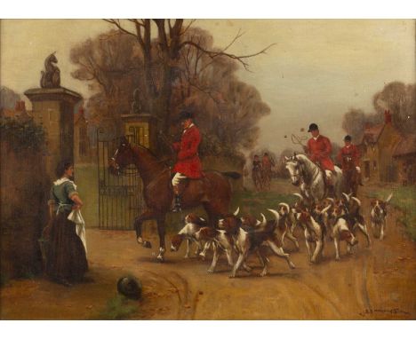 John S. Sanderson Wells (1872-1955) 'Hunting with the hounds', oil on canvas, signed lower right, 36cm x 54cm  Overall wear, 