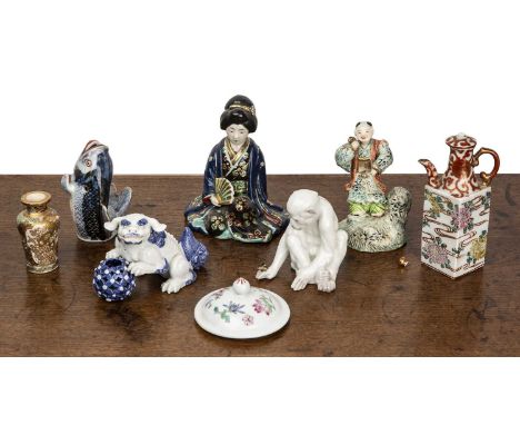 Collection of pieces Chinese and European, to include a possibly Royal Copenhagen figure of a monkey, an enamelled metal butt