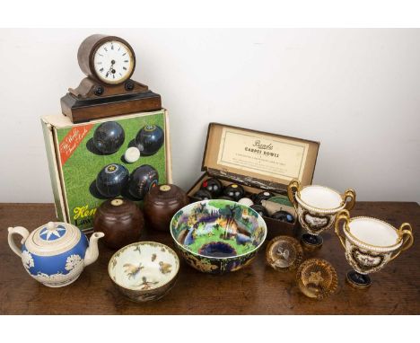 Collection of lawn bowls to include Banada Carpet Bowls and Henselite Lawn Bowls, together with a pair of Royal Worcester vas