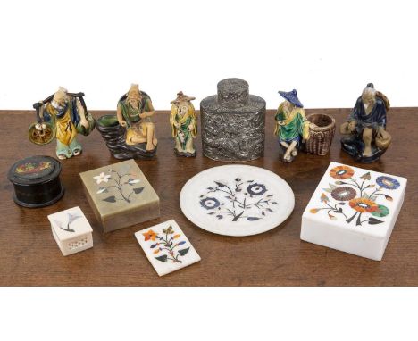 Collection of figures together with a Chinese tea caddy, decorated in relief with dragons in flight, a group of  Indian Agra 