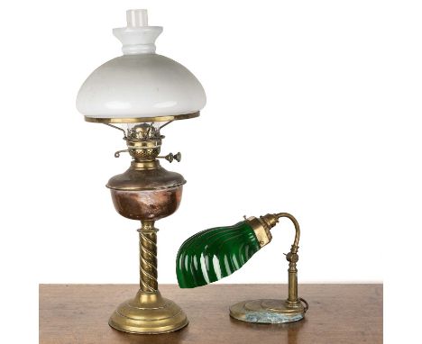 Art Deco style brass reading lamp with green moulded glass shade, 24cm high approx overall and a Victorian brass and copper o