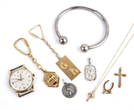 Collection of jewellery to include: silver torc bangle, 9ct gold cased Olma wristwatch, Tiffany & Co crucufix on chain, stamp