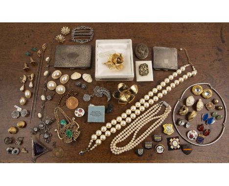 Group of costume and dress jewellery, pair of 9ct hairpins, Dior brooch, silver cigarette case etc