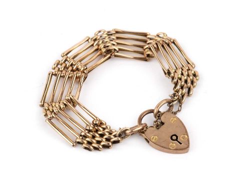 9ct gold gate bracelet with heart padlock clasp, stamped 'G. W.H & Co 9C', 16g approx overall  Overall signs of wear, age and