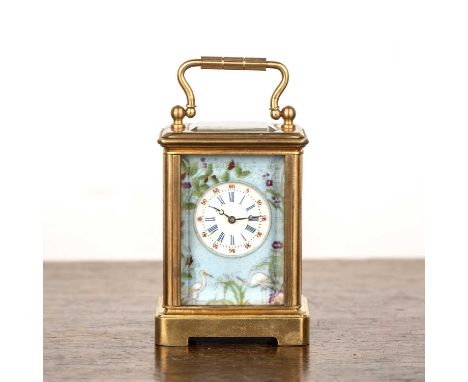 Miniature brass carriage clockthe face with Roman numerals, bevelled glass and sky-blue ground ceramic panels, the panels dec