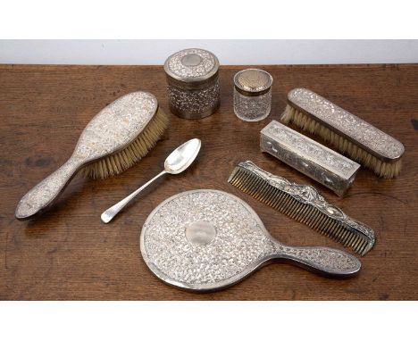 Collection of silver and white metal ware to include a white metal Burmese trinket box decorated with animals, silver and whi