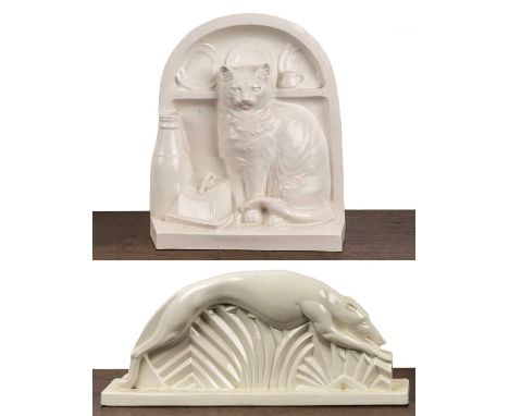 Art Deco style model of a greyhound with a white/cream glaze, unmarked, 50cm wide x 22cm high x 9.5cm deep and a 20th Century