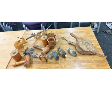Selection of vintage wooden items to include cross bow etc