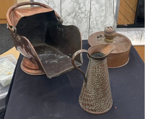 Selection of copper items to include a coal scuttle, ' P&amp;J Byrant Bristol' oil lamp and a jug