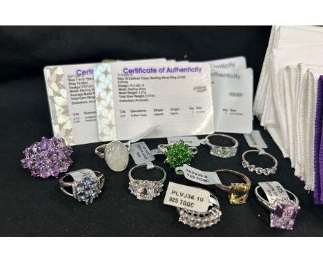 Selection of 10 Silver Gemporia stone set rings, all with pouches 9 with COA