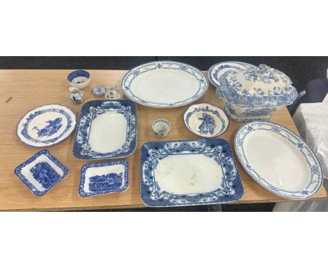 Selection of vintage blue and white porcelain to include lidded serving bowl, meat plates etc