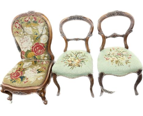 Selection of three vintage upholstered chairs one bedroom chair on casters