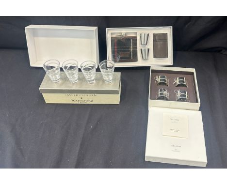 Set 4 boxed Vera Wang Wedgwood silver plate serviette rings, Set 4 Jasper Conran shoot glasses, Barbour hip flask gift set