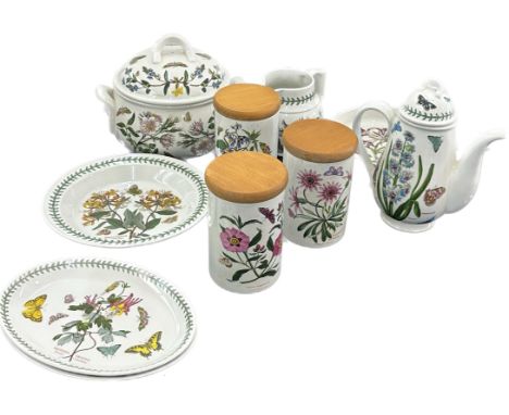 Selection of vintage Portmeirion porcelain items to include coffee pot, tea sugar and coffee holders, plates, lidded tureen e