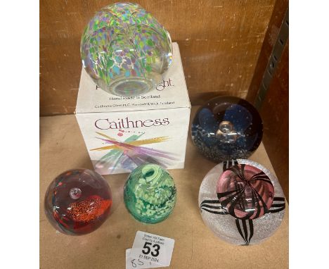 Selection of 5 glass Caithness paperweights, one boxed