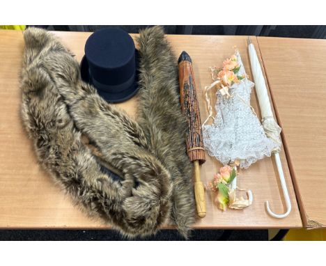 Selection of vintage top hat, umbrella, fur stoles etc