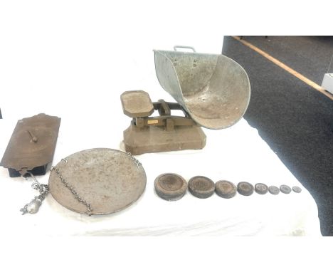 Vintage potato scales, balance scales and a selection of weights
