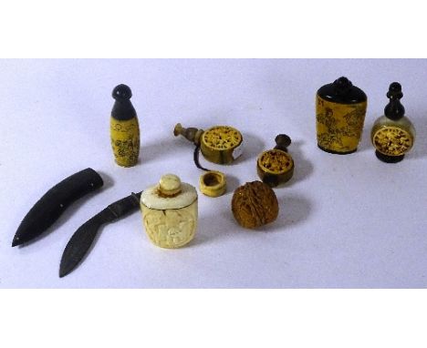 A collection of Oriental bone, horn & ivory perfume vials, carved with Oriental figures and dragons, together with a coquilla