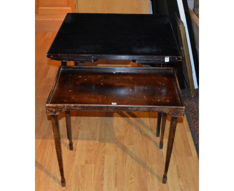 A vintage folding card table, 69cm high x 76cm wide, also with a vintage folding bed tray (2)