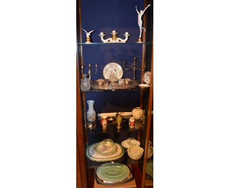 A small collection of silver plate and ceramics, to include salver, candlesticks, moulded glass flower holder, onyx jug, Germ