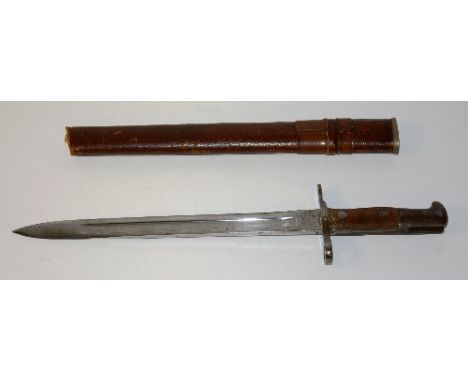 A Continental bayonet named Neuhausen-SIG, with wood and metal grip, no.49053, with leather scabbard, blade 30cm long