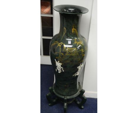 A large Japanese themed malachite coloured ceramic vase on stand, decorated with raised geishas and gilded pagodas, 119cm hig