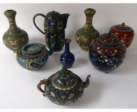 A small quantity of Japanese cloisonne, to include water pot, jar with cover, vases, with tea pot, saki pot and spill vase wi