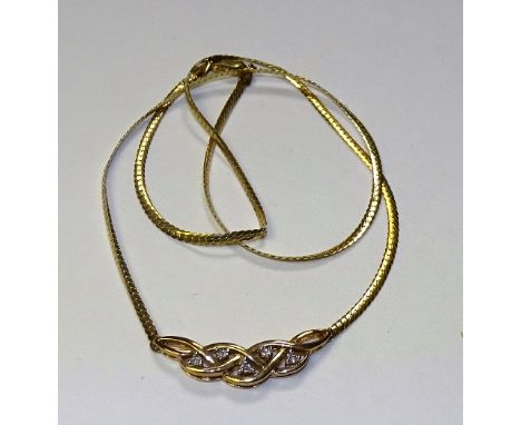A 9ct gold and diamond necklace, the Celtic shaped motif to base set with five milidiamonds, 375 stamped to reverse, 43cm lon