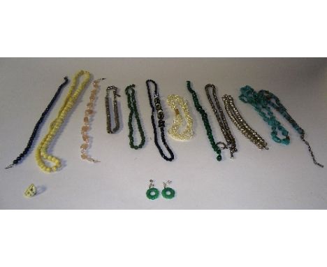 A small quantity of costume jewellery, to include ivory bead necklace, turquoise necklaces, jade earrings, rose quartz neckla