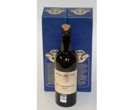 A 1955 Finest Reserve bottle of vintage port wine by W & J Graham & Co, with wax cover, also with two contemporary boxed bott