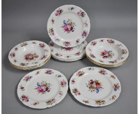 A Set of Six Hammersley Floral Decorated Small Dinner Plates (Gilt Rubbed) Together with a Set of Six Matching Bowls 